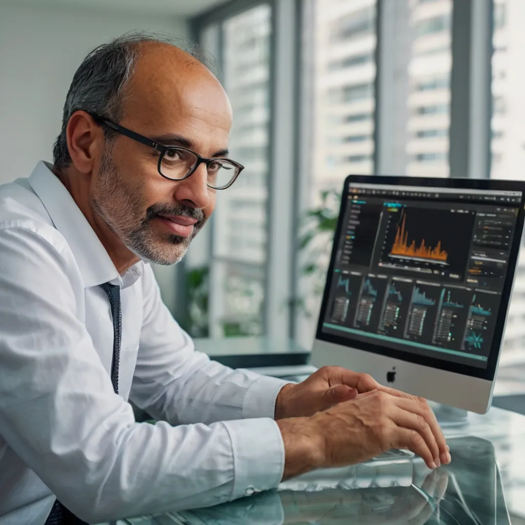 Profissional diante de um monitor com painéis de indicadores