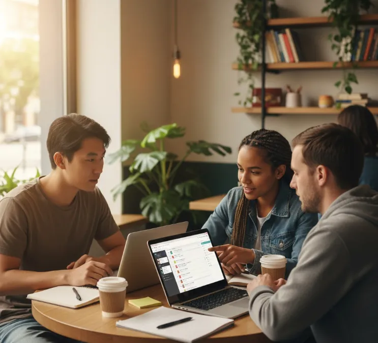Colegas conferindo o quadro de atividades em computador portátil